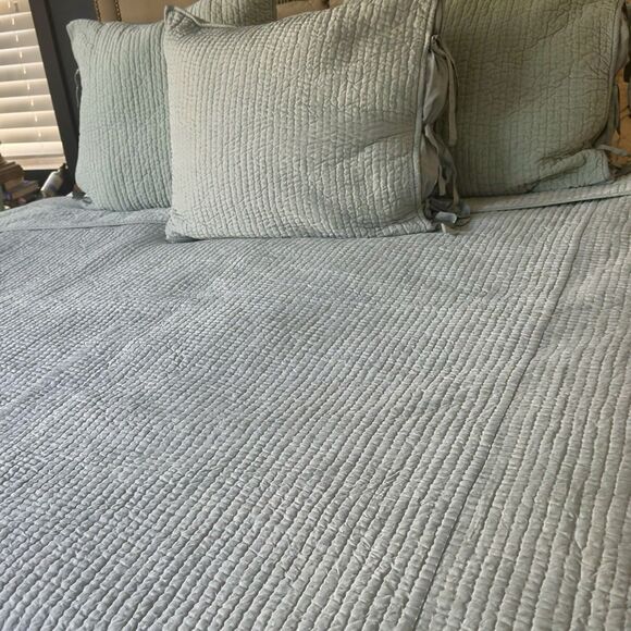 Pottery Barn Pickstitch Handcrafted Cotton King Quilt Loden Green - Picture 4 of 4